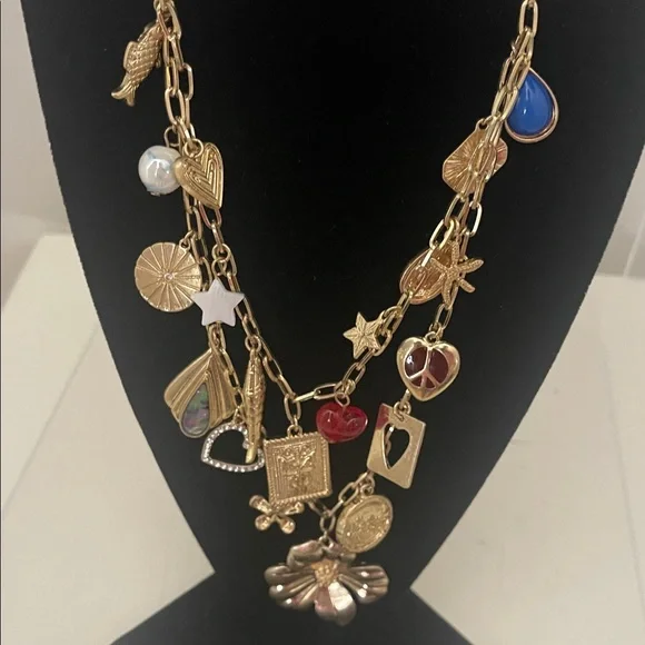 Free People Gold-Tone Multi Charm Necklace with Blue and Red Accents - Picture 2 of 9
